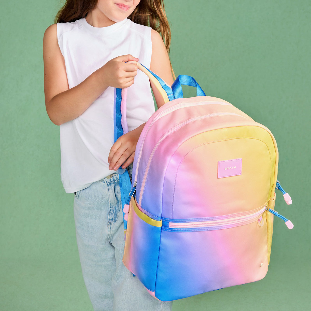 Kane Kids Large Backpack Recycled Polycnavas Blue/Pink/Yellow Gradient / State Bags Popular