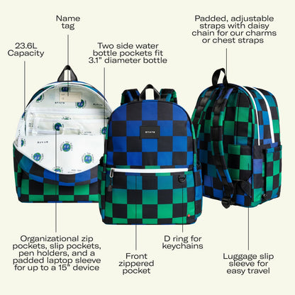 Kane Double Pocket Backpack Recycled Poly Canvas Blue Checkerboard / State Bags Sale