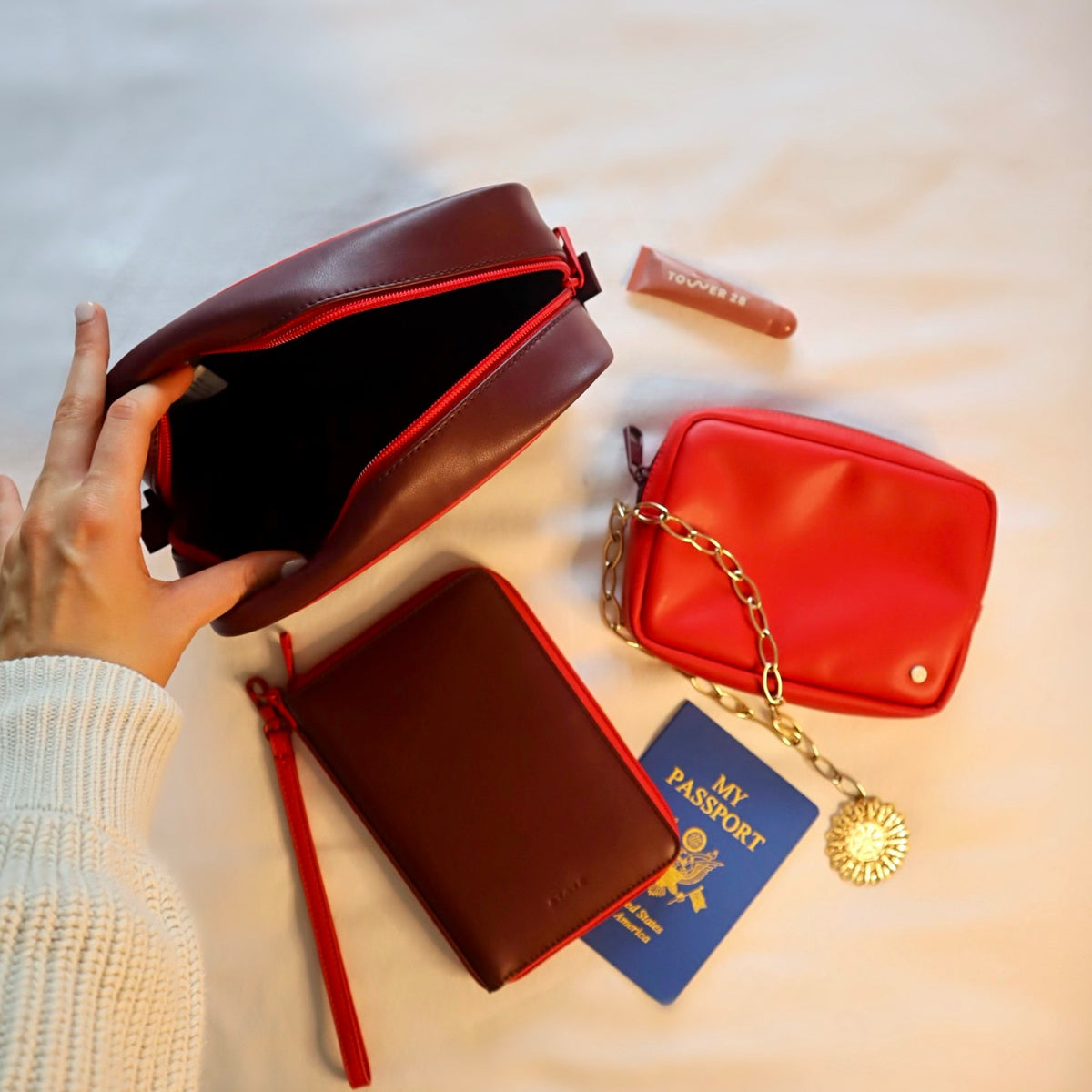 Travel Pouch Set of Two Vegan Leather Burgundy / State Bags New