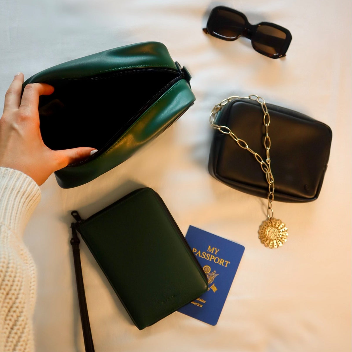 Travel Pouch Set of Two Vegan Leather Olive / State Bags Signature
