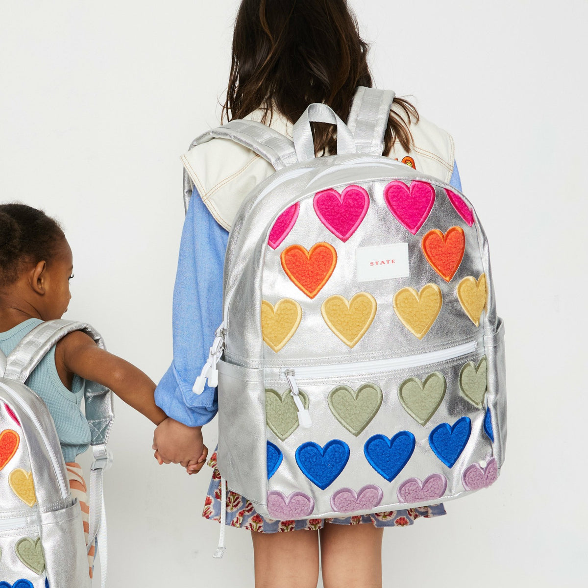 Kane Kids Double Pocket Backpack Metallic Fuzzy Hearts / State Bags Signature