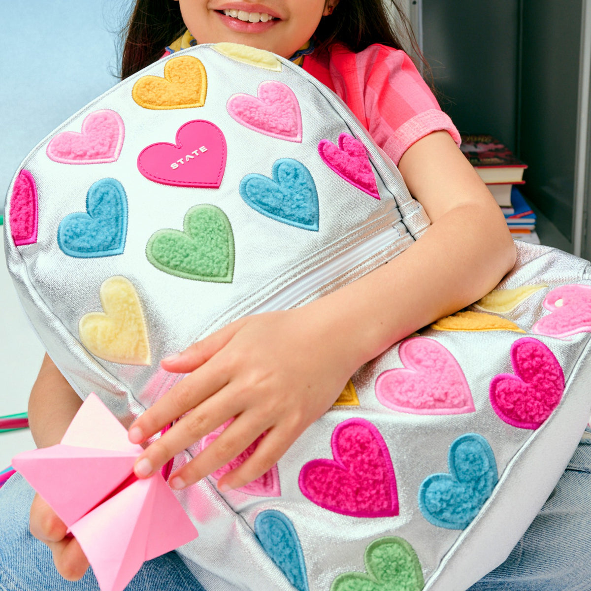 Kane Kids Double Pocket Backpack Metallic Happy Fuzzy Hearts / State Bags Recommended
